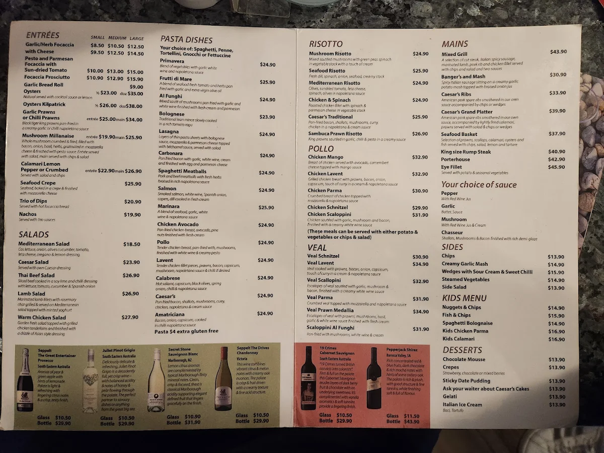 Menu, Caesar's Italian Cuisine