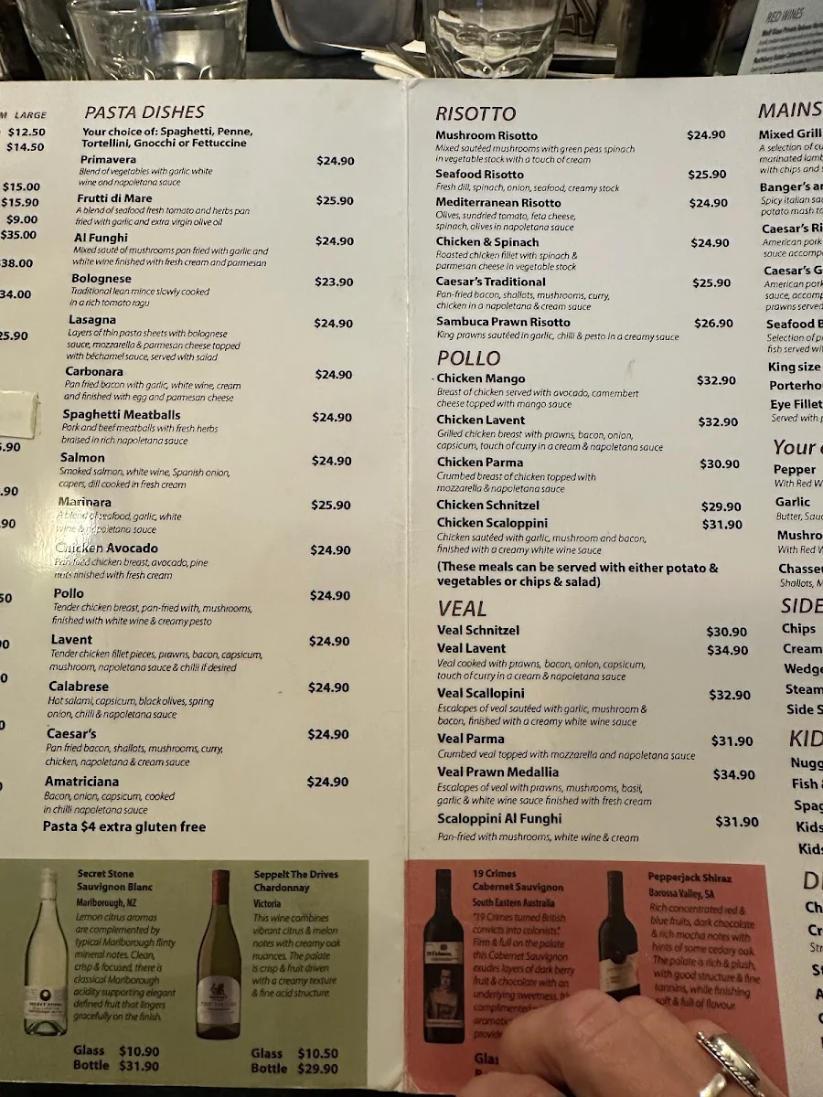 Menu, Caesar's Italian Cuisine