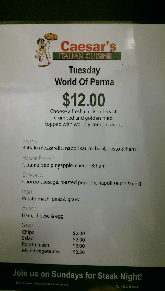 Menu, Caesar's Italian Cuisine