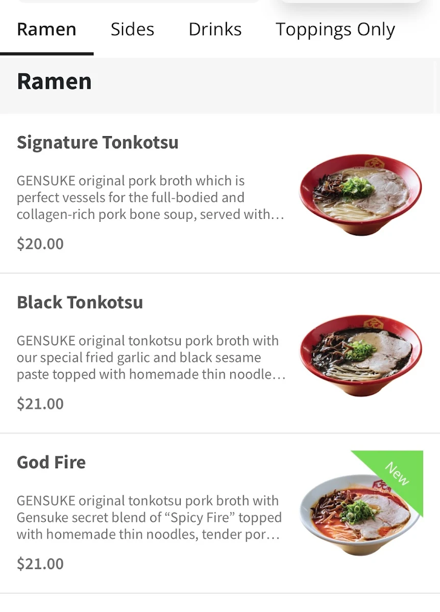 Menu, Hakata Gensuke Tonkotsu Ramen
