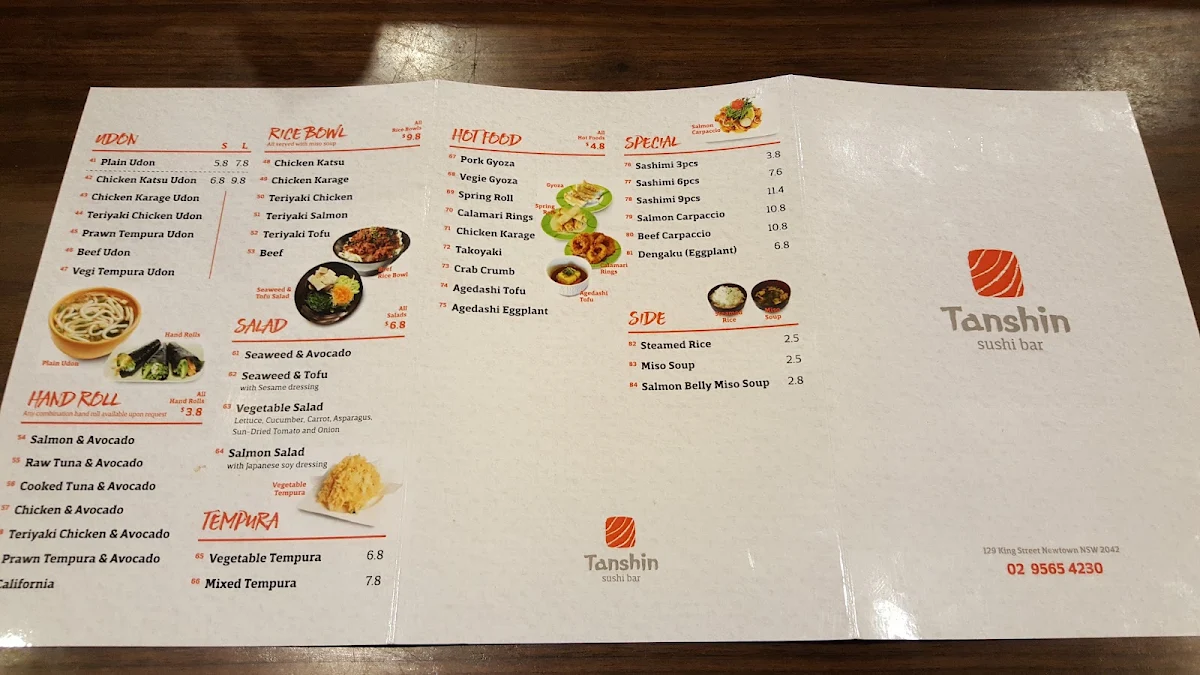 Menu, Tanshin Sushi Bar