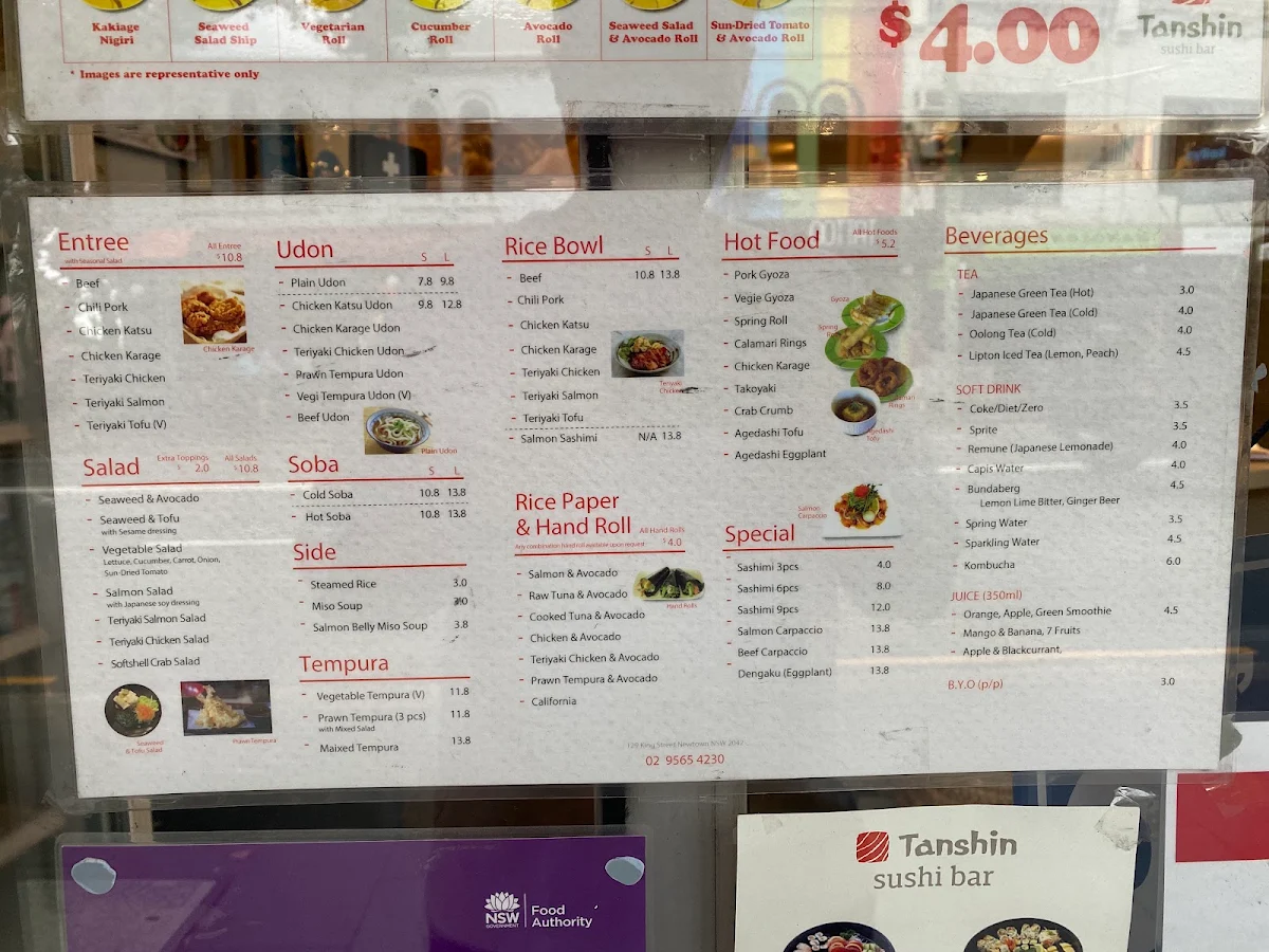 Menu, Tanshin Sushi Bar