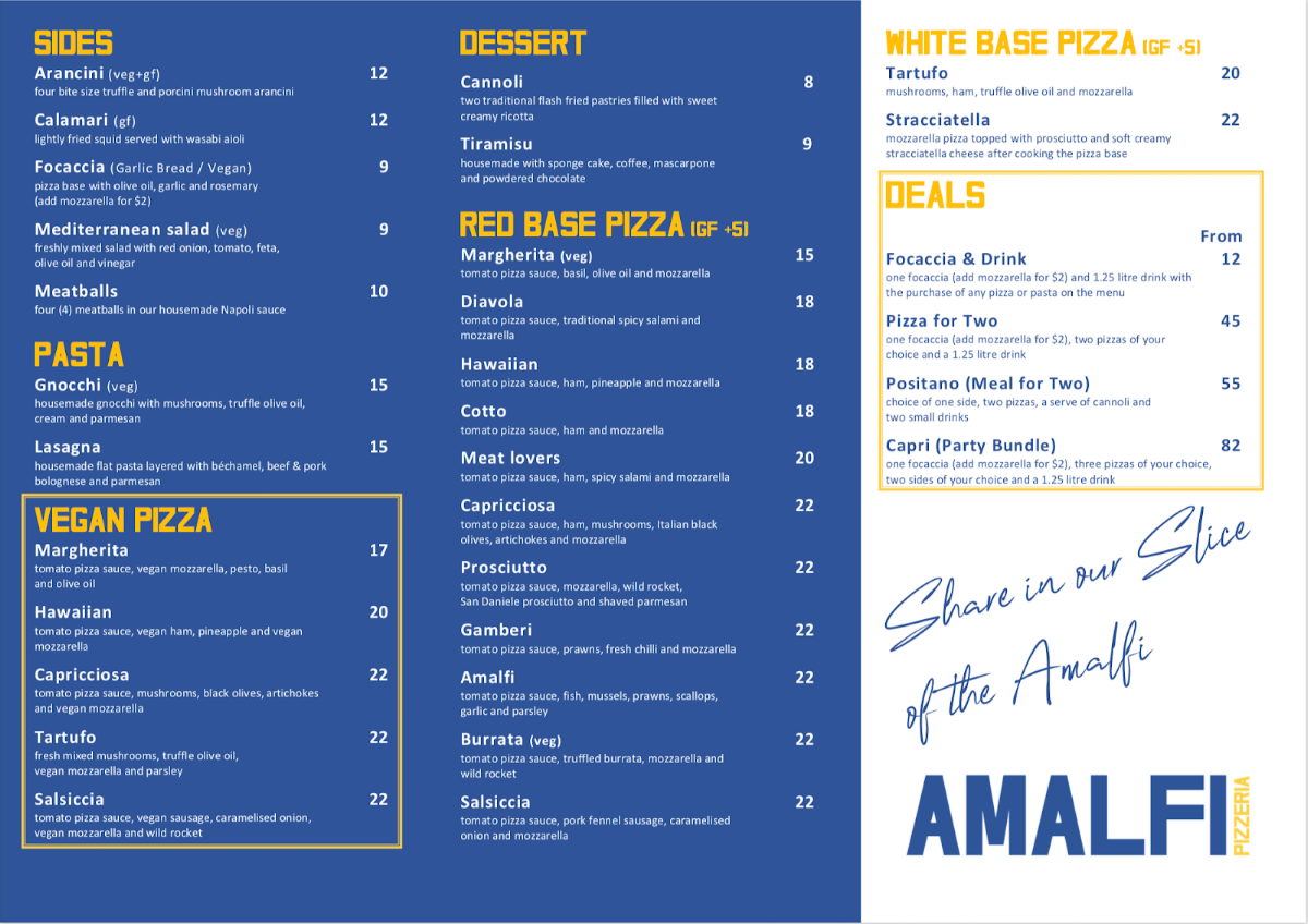 Menu, Amalfi Pizzeria