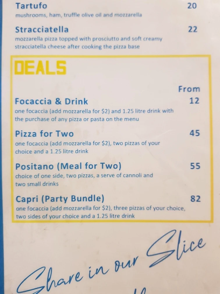 Menu, Amalfi Pizzeria