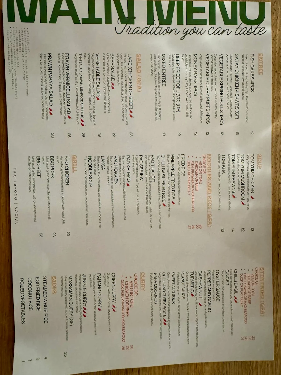 Menu, Thai La-Ong Social