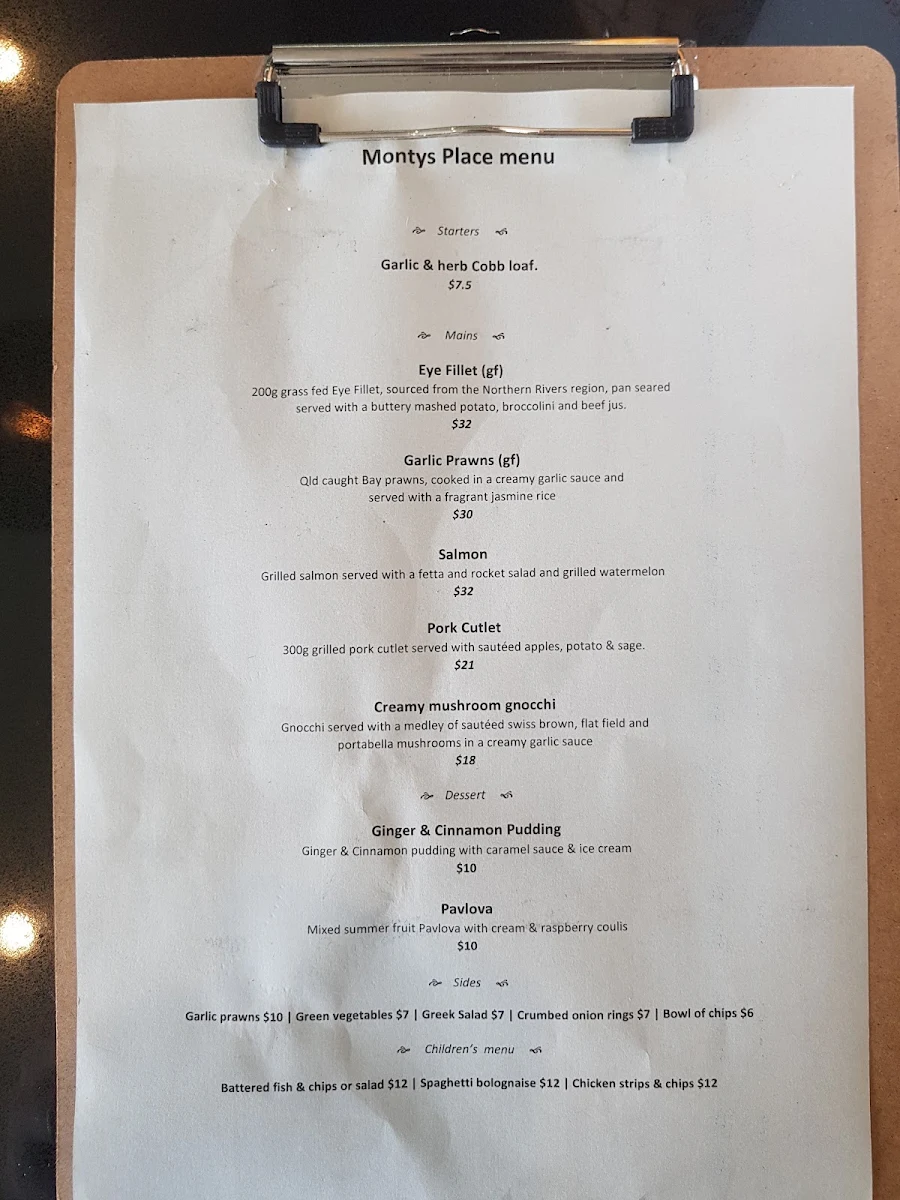 Menu, Monty's Place