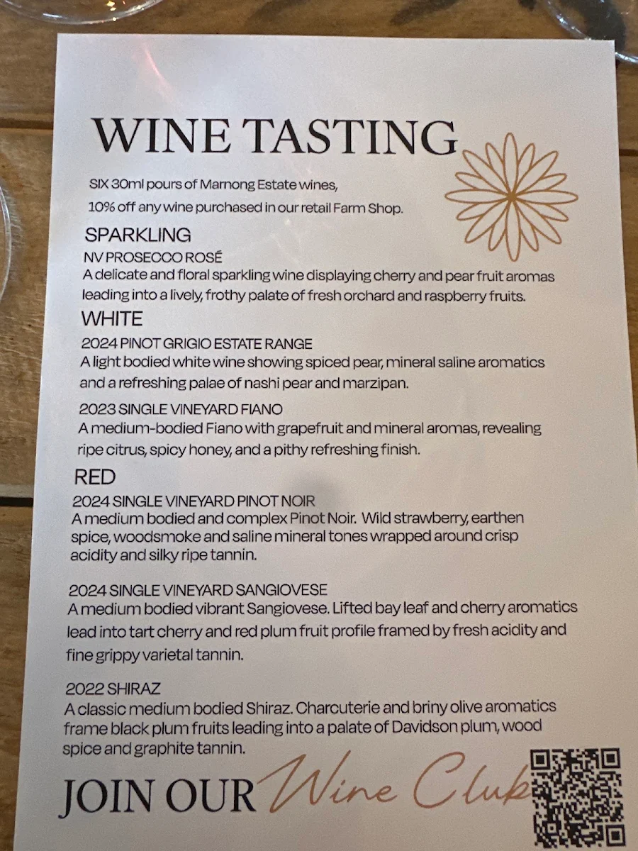 Menu, Marnong Estate - Winery