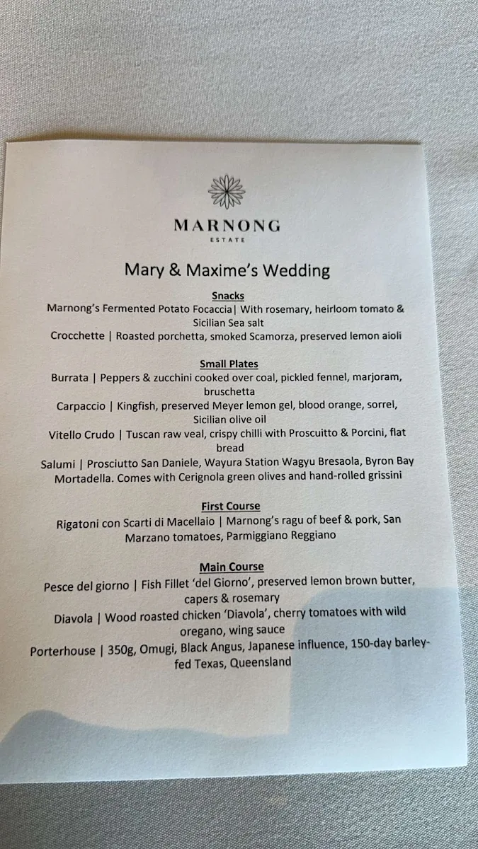 Menu, Marnong Estate - Winery