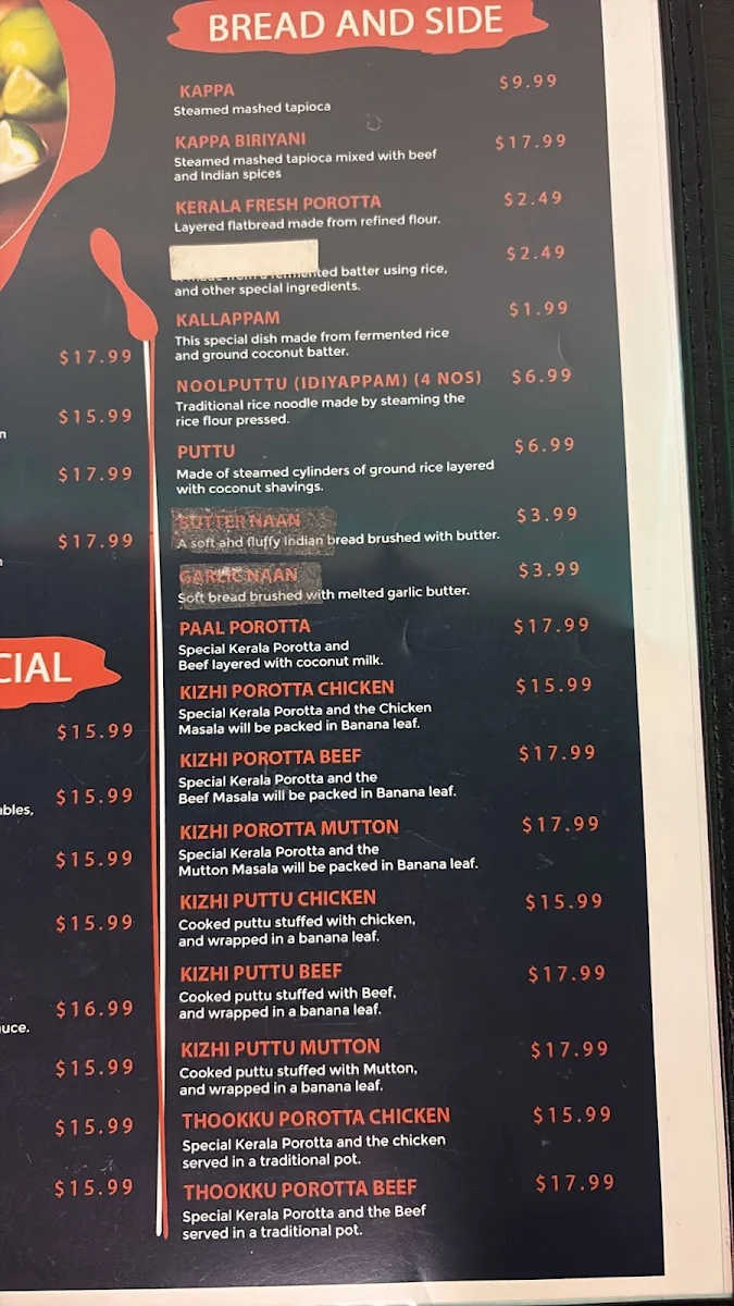 Menu, Grand Kerala Cuisine