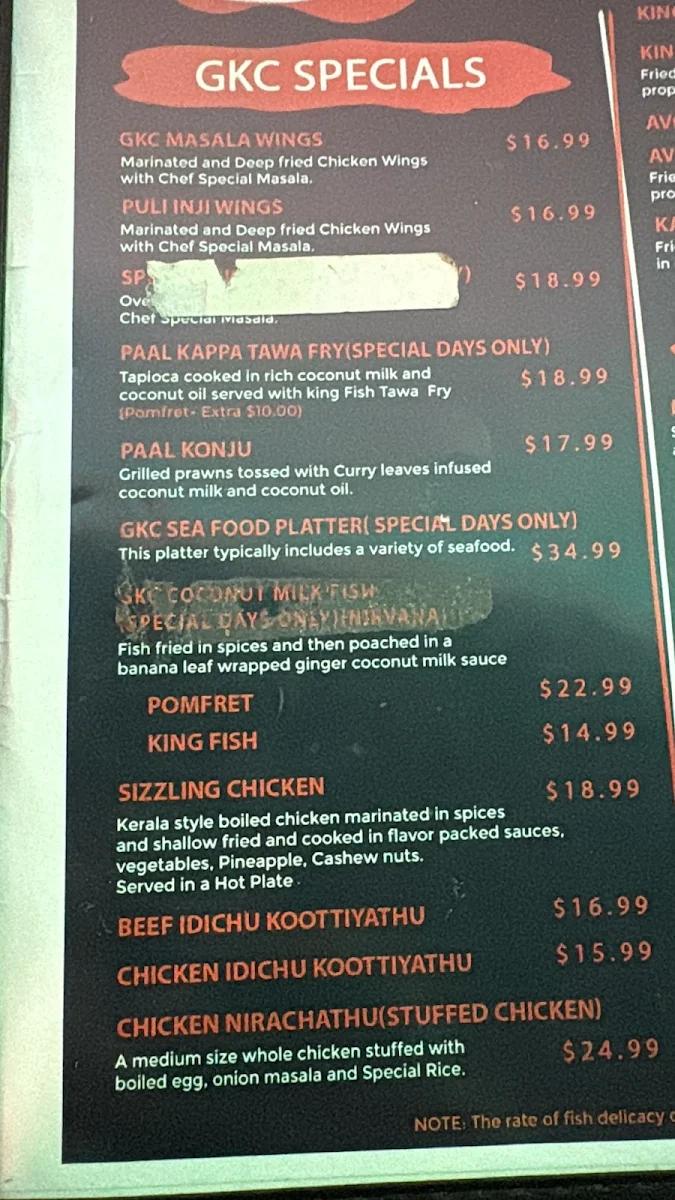 Menu, Grand Kerala Cuisine