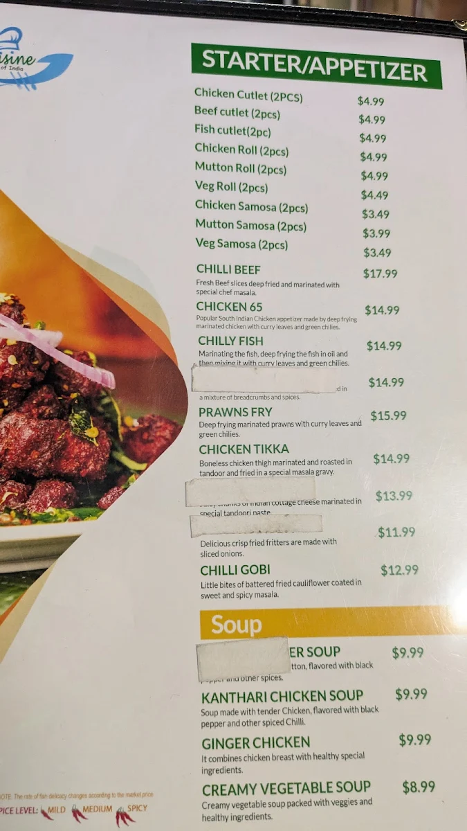 Menu, Grand Kerala Cuisine