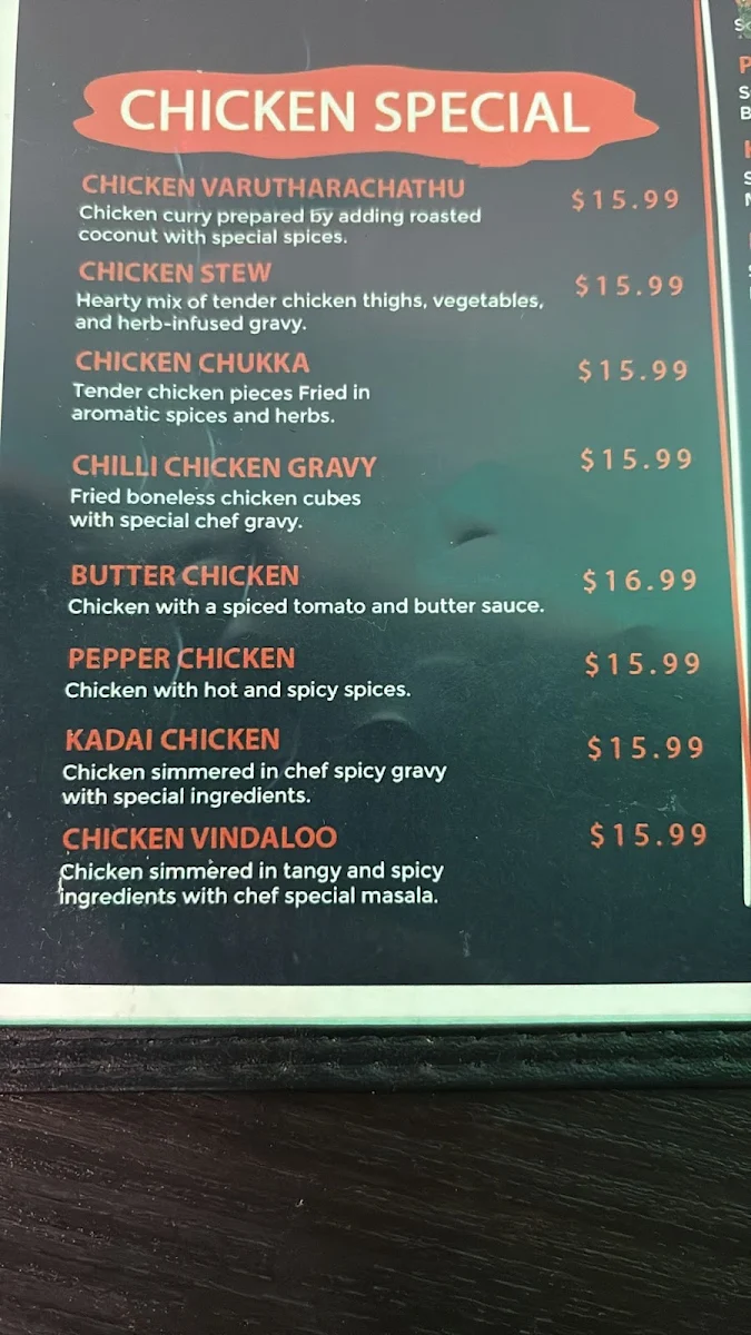 Menu, Grand Kerala Cuisine