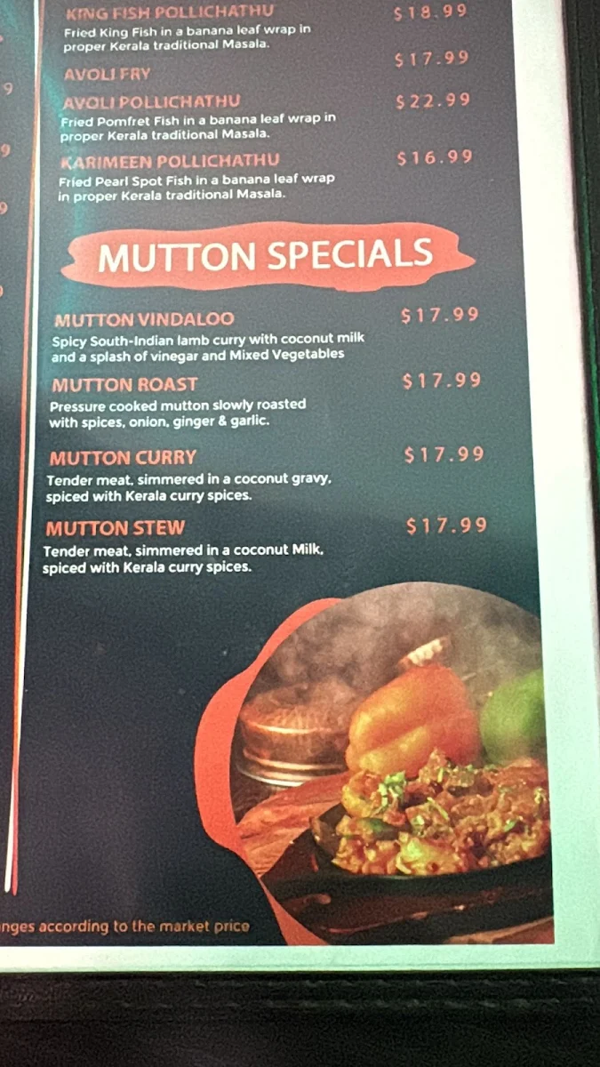 Menu, Grand Kerala Cuisine