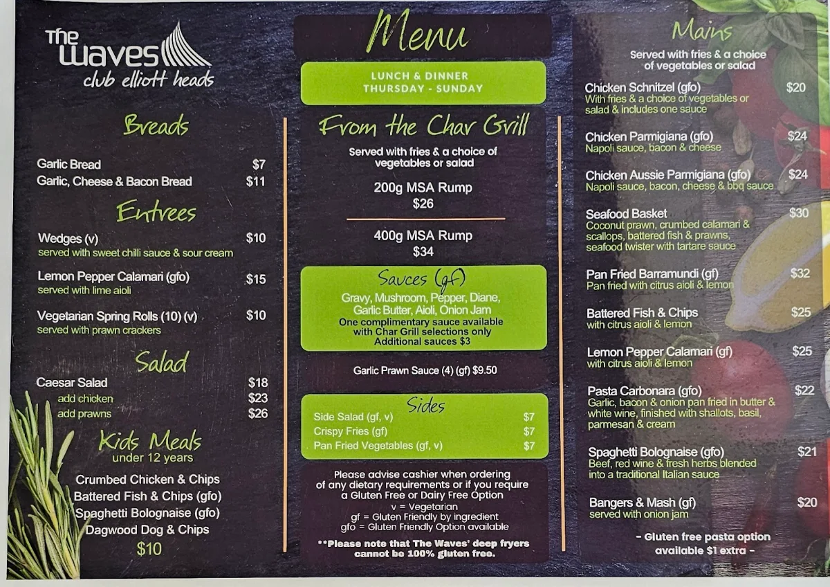Menu, The Waves Club Elliott Heads