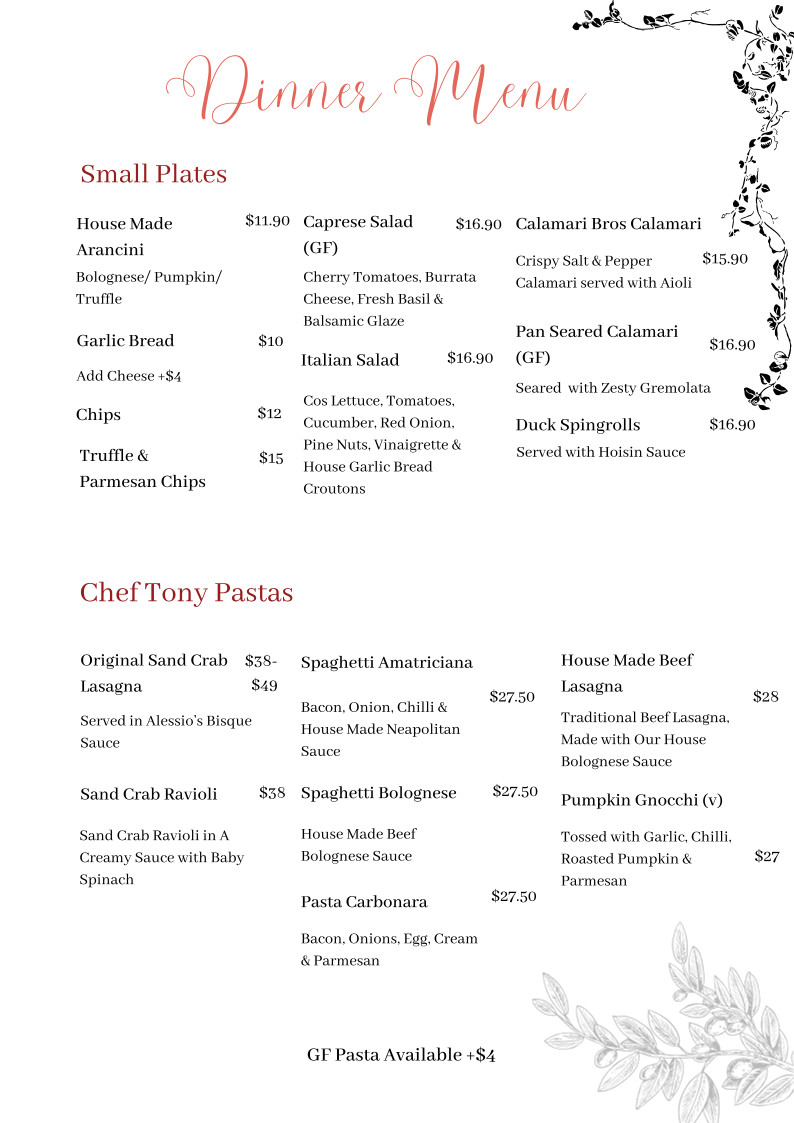 Menu, Alessio's Pizza