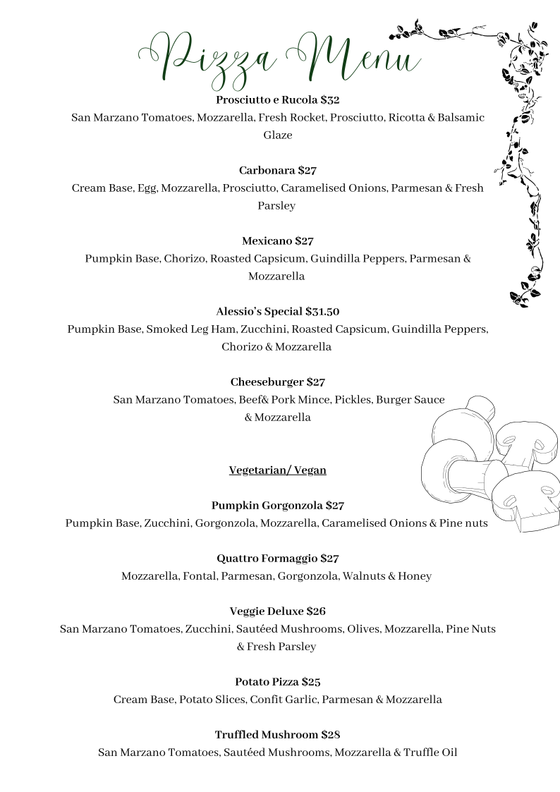 Menu, Alessio's Pizza