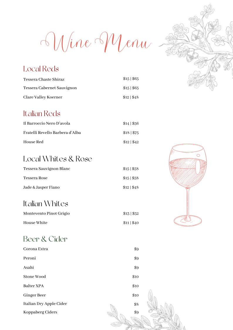 Menu, Alessio's Pizza