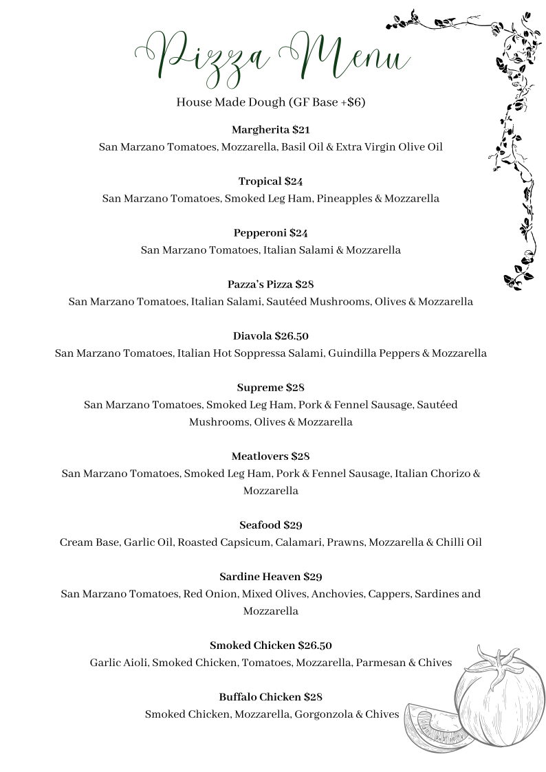 Menu, Alessio's Pizza