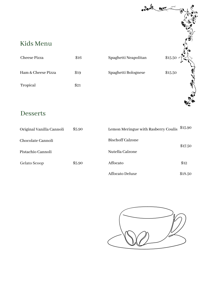 Menu, Alessio's Pizza