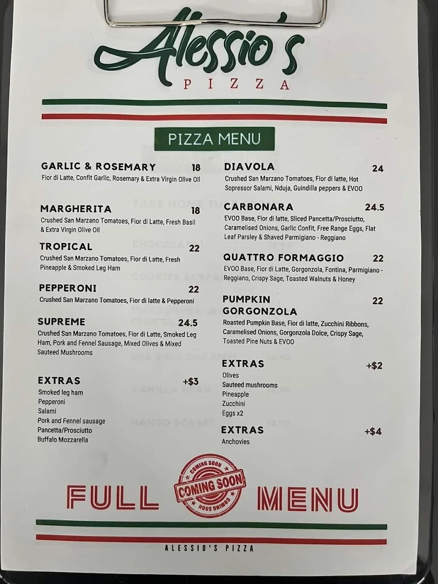Menu, Alessio's Pizza