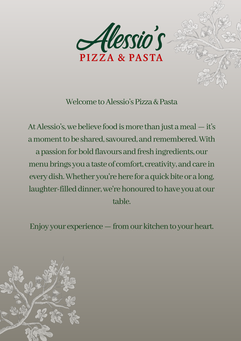 Menu, Alessio's Pizza