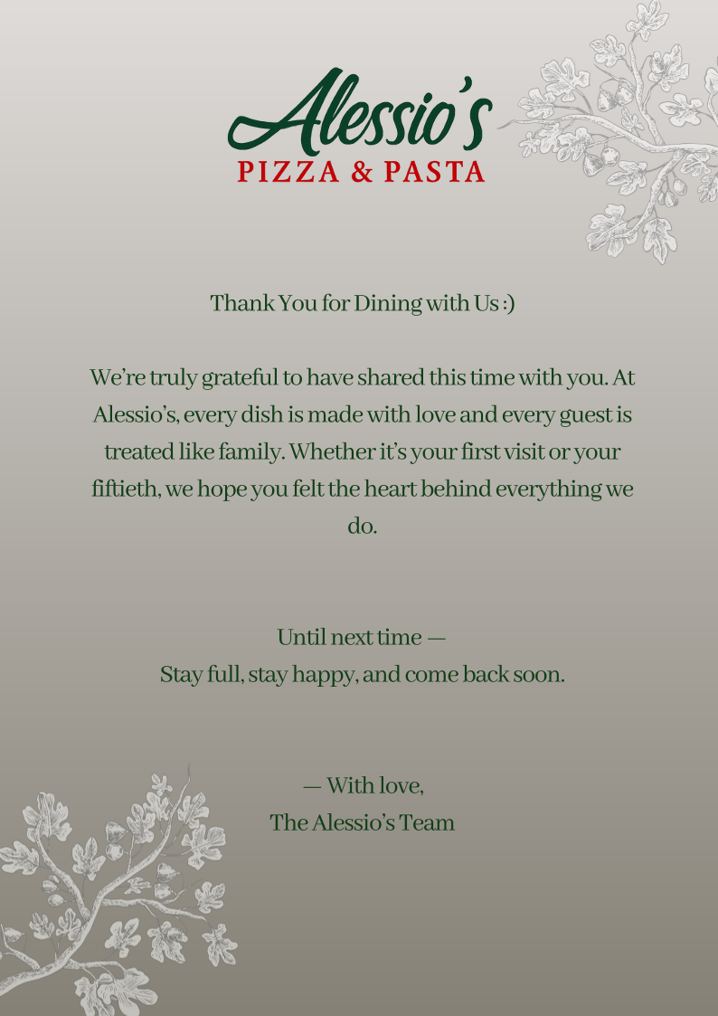 Menu, Alessio's Pizza