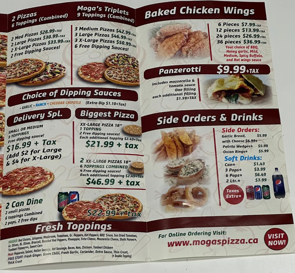 Menu, Moga's Pizza