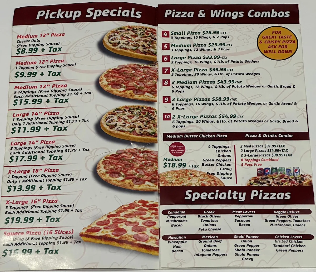 Menu, Moga's Pizza