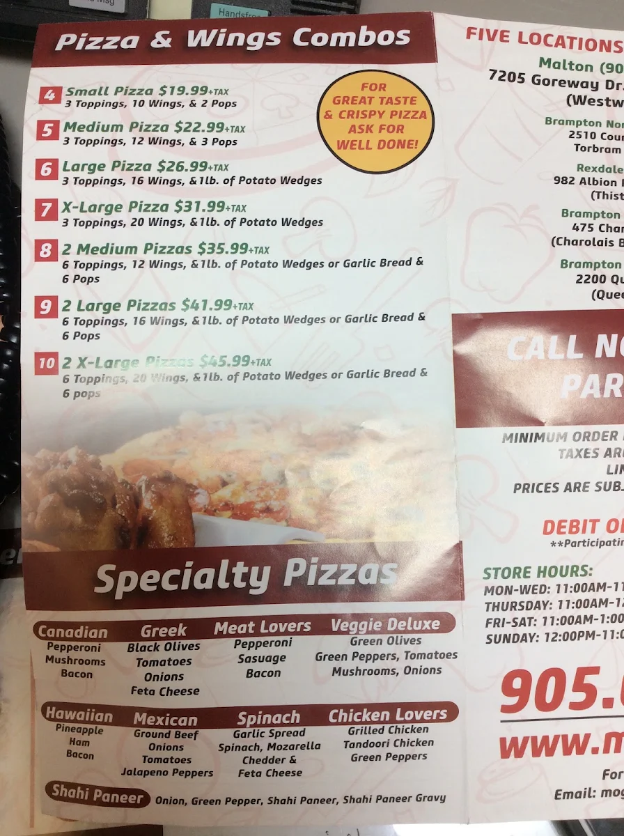 Menu, Moga's Pizza