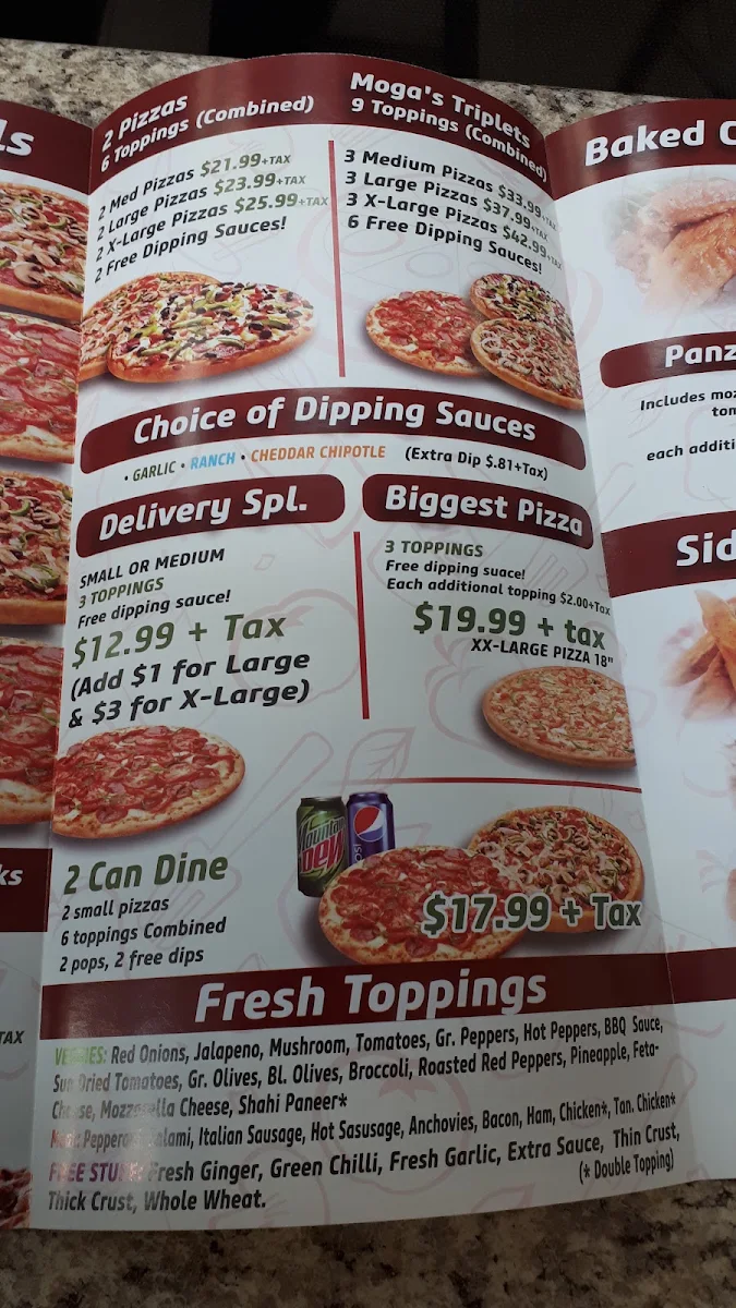 Menu, Moga's Pizza