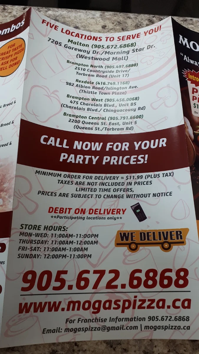 Menu, Moga's Pizza