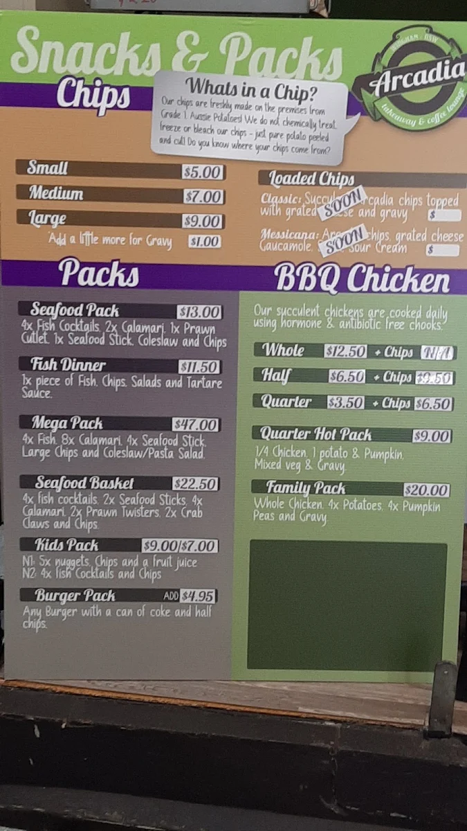 Menu, Arcadia Take Away & Coffee Lounge