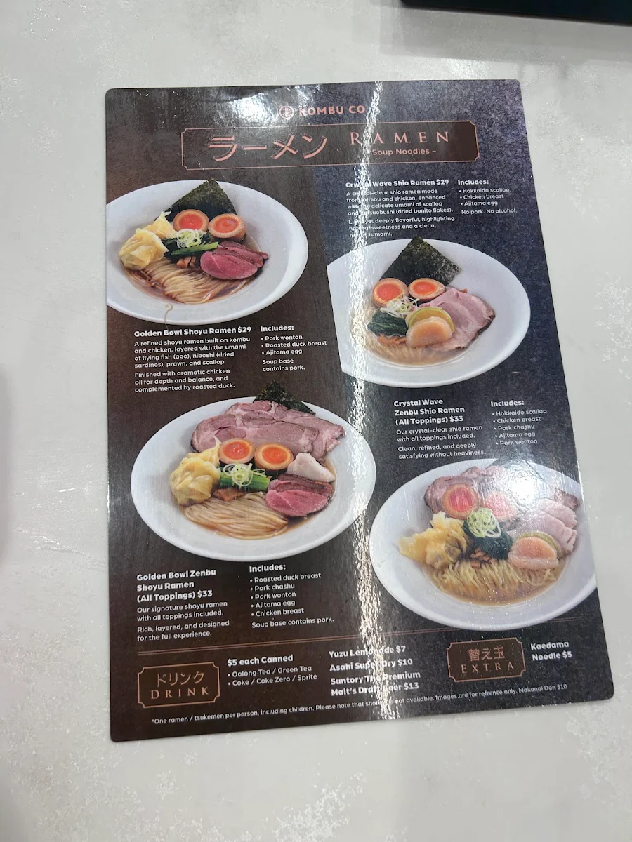 Menu, Kombu Co Ramen Bar