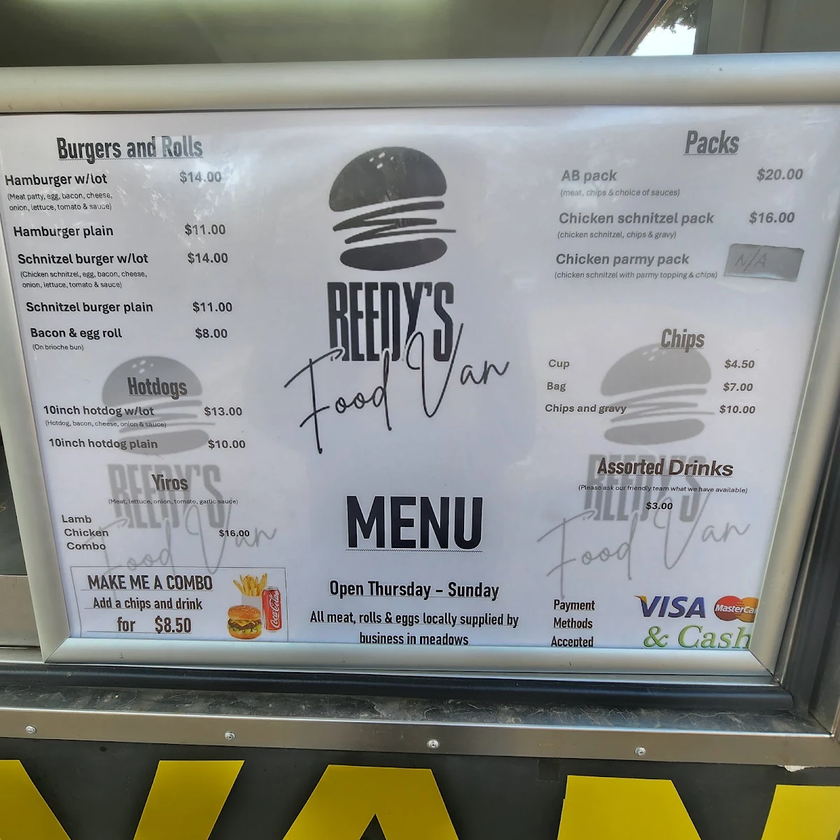 Menu, Reedy's food van