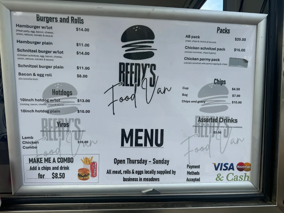 Menu, Reedy's food van