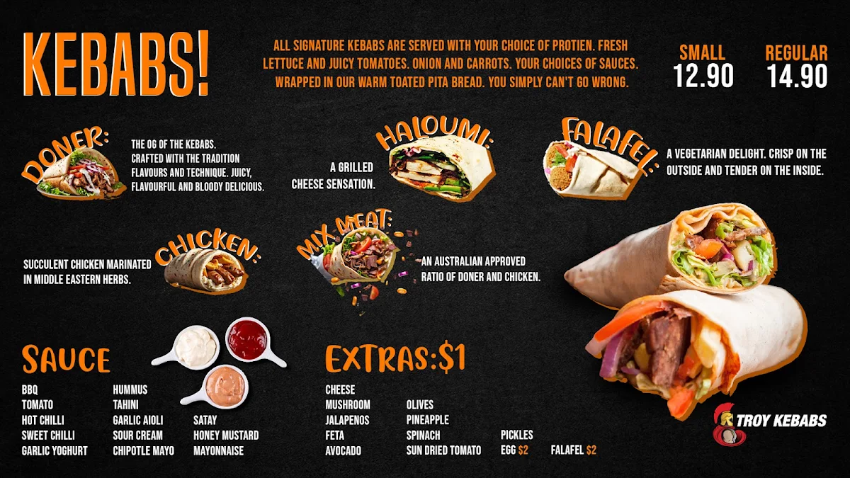 Menu, Troy Kebabs Willows