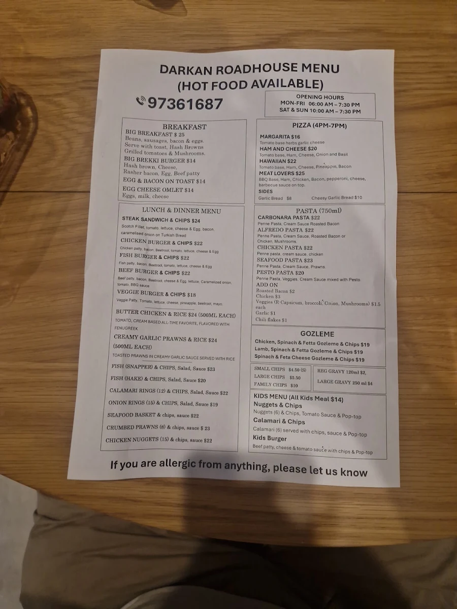 Menu, Darkan Roadhouse