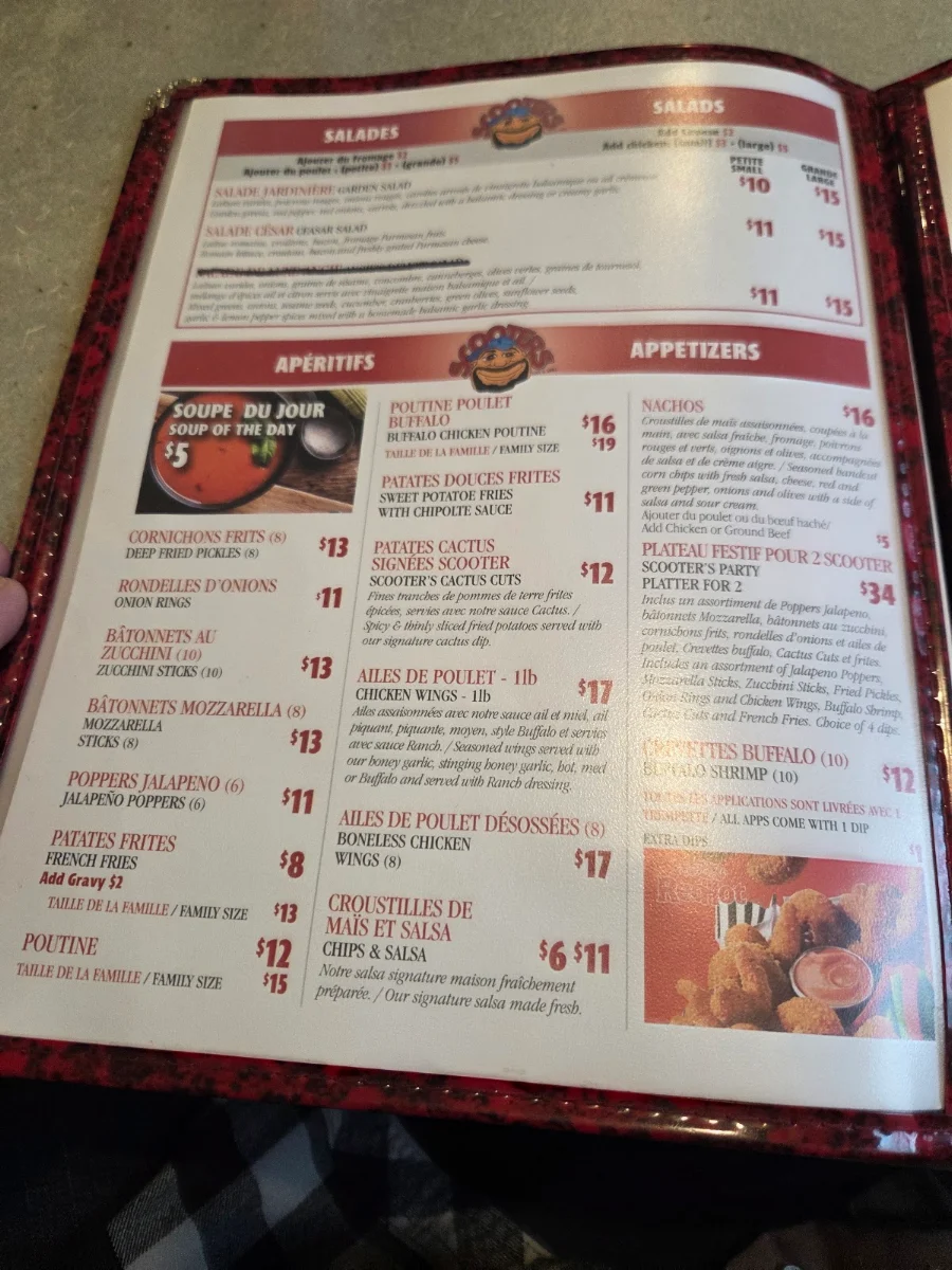 Menu, Scooters Bar & Grill