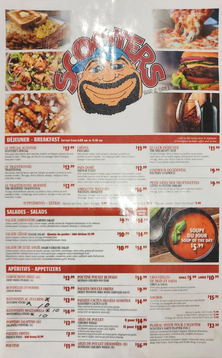 Menu, Scooters Bar & Grill