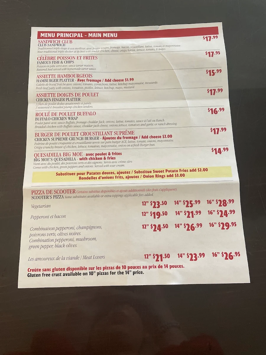 Menu, Scooters Bar & Grill