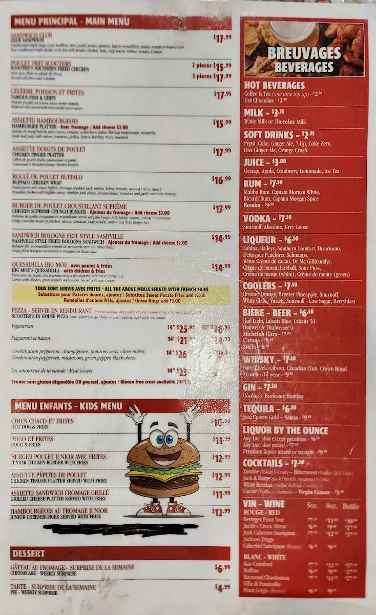 Menu, Scooters Bar & Grill