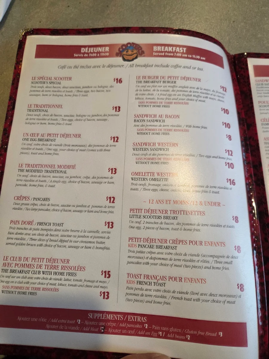 Menu, Scooters Bar & Grill
