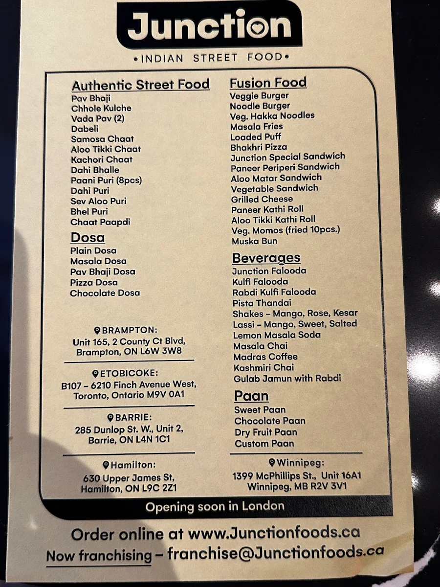 Menu, Junction - Indian Street Food (Winnipeg)