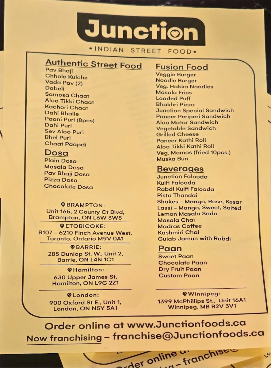 Menu, Junction - Indian Street Food (Winnipeg)