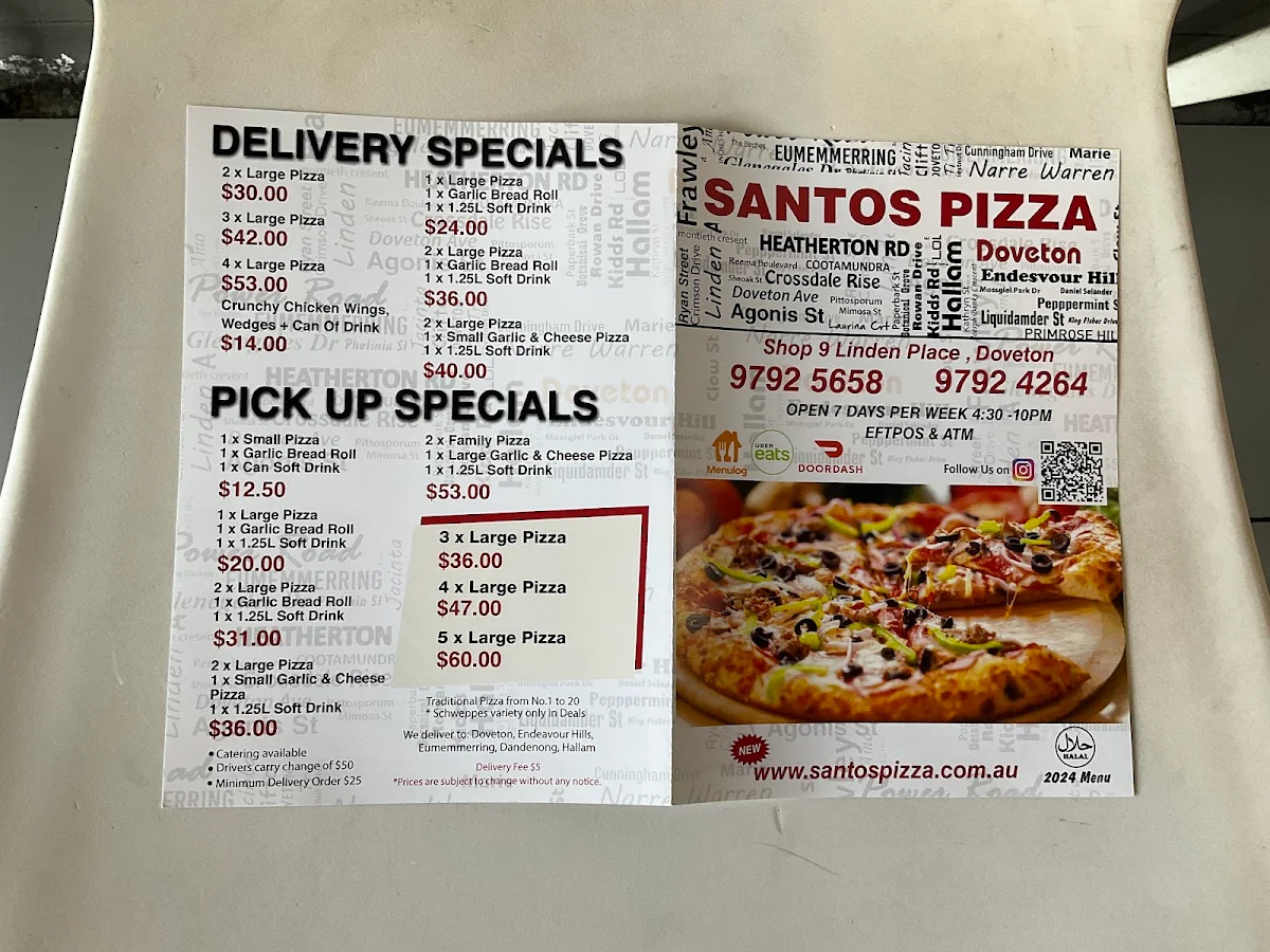 Menu, Santos Pizza