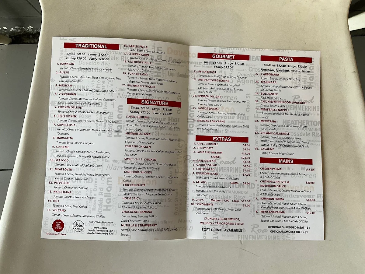 Menu, Santos Pizza