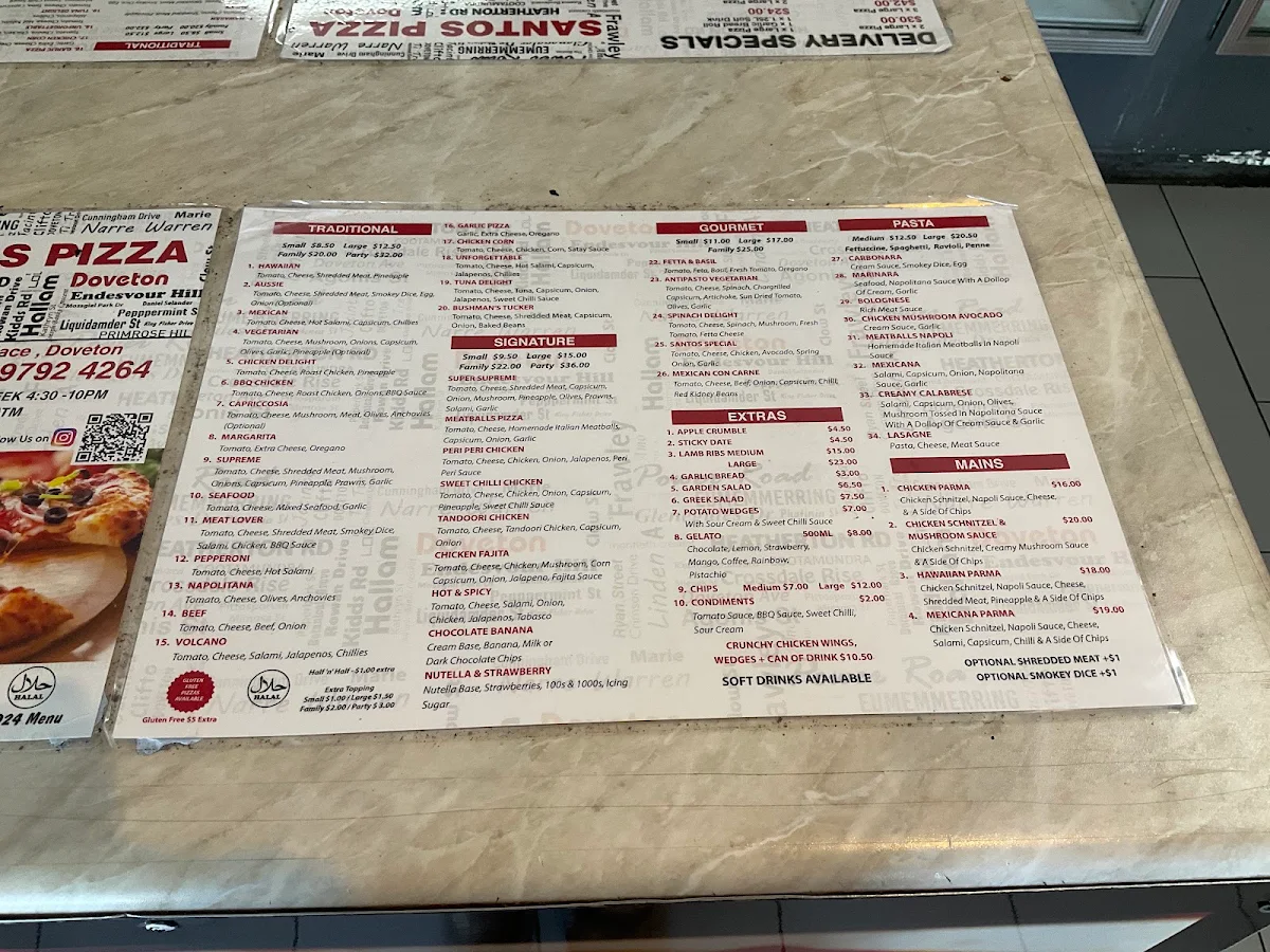 Menu, Santos Pizza