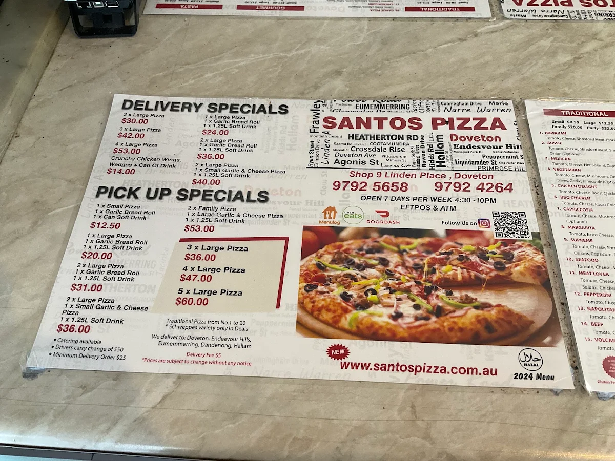 Menu, Santos Pizza