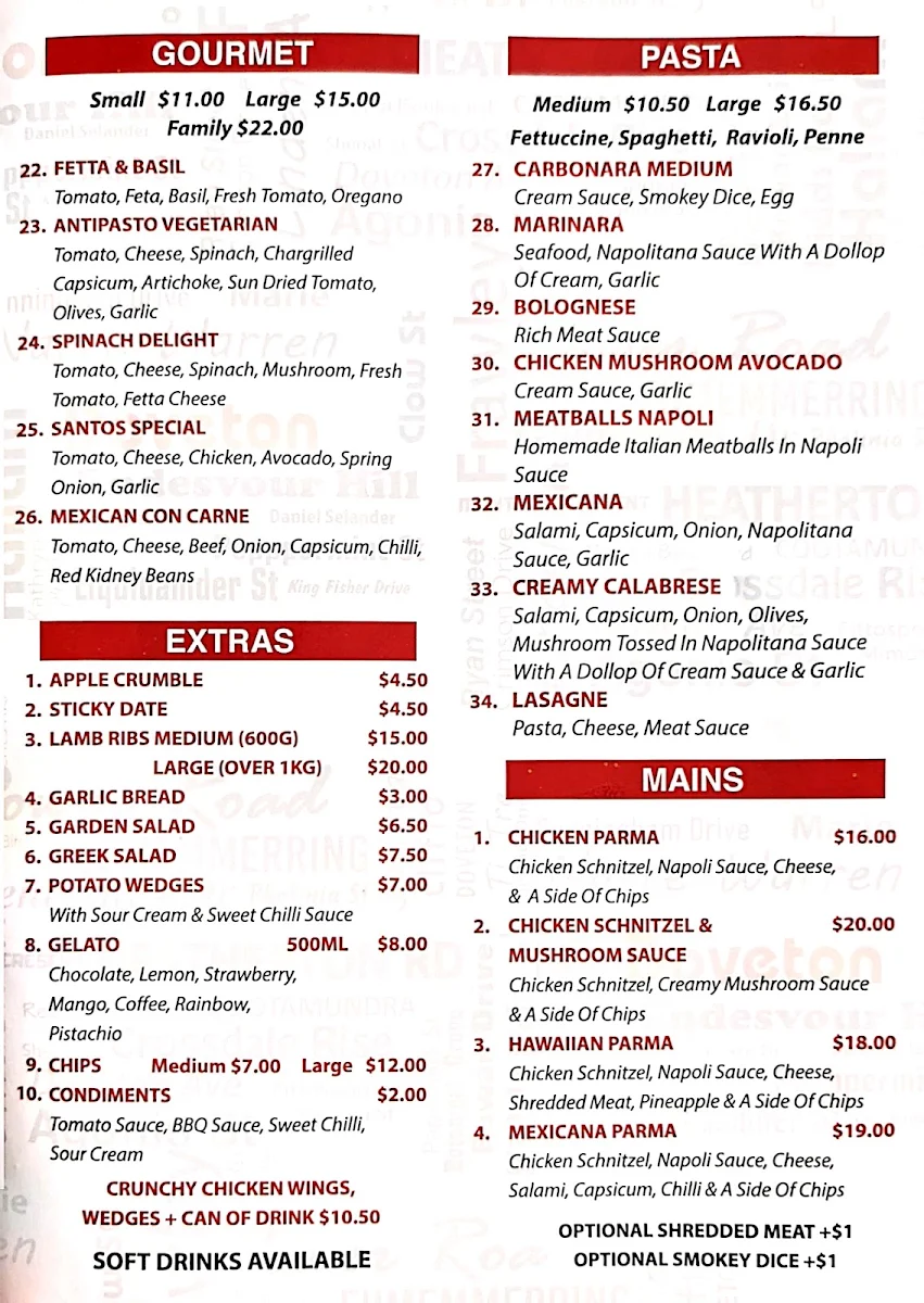 Menu, Santos Pizza