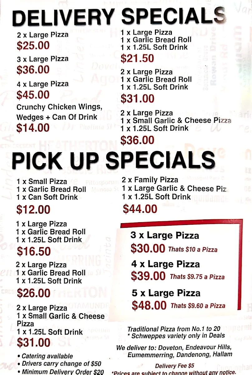 Menu, Santos Pizza